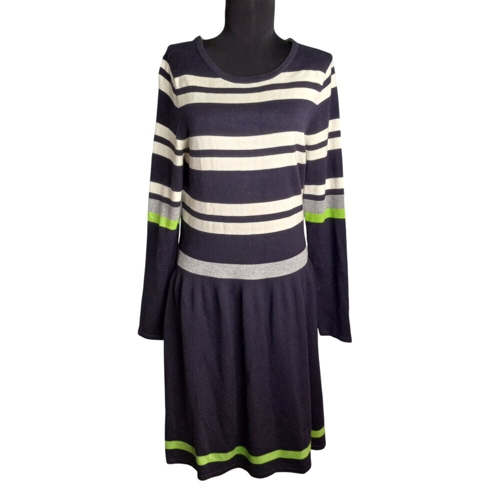 Vince Camuto Size L Dress Womens Knit Sweater Striped Navy Green Long Sleeve